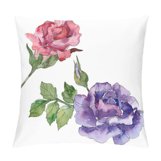Personality  Red And Purple Rose Floral Botanical Flowers. Wild Spring Leaf Wildflower Isolated. Watercolor Background Illustration Set. Watercolour Drawing Fashion Aquarelle. Isolated Rose Illustration Element. Pillow Covers