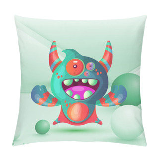 Personality  Cute Cartoon Monster With Horns With One Eye. Smiling Monster Emotion With Big Mouth. Halloween Vector Illustration - Vector Pillow Covers