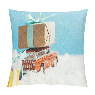 Personality  Close-up Shot Of Toy Van With Christmas Gifts Riding On Snow On Blue Background Pillow Covers