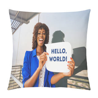 Personality  Beautiful African Woman Holding Speech Bubble With Hello Word Text  Pillow Covers