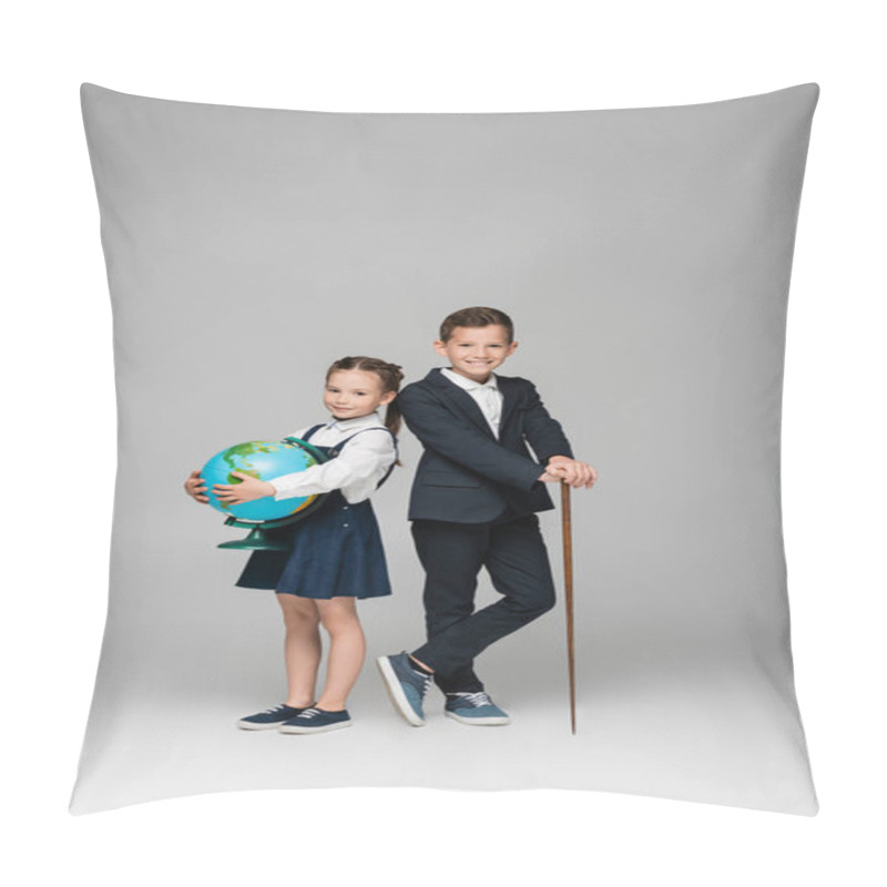 Personality  Smiling Schoolboy Holding Pointing Stick Near Girl In Dress With Globe On Grey  Pillow Covers