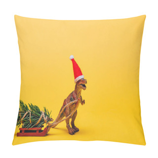 Personality  Toy Dinosaur In Santa Hat With Fir On Sleigh On Yellow Background Pillow Covers