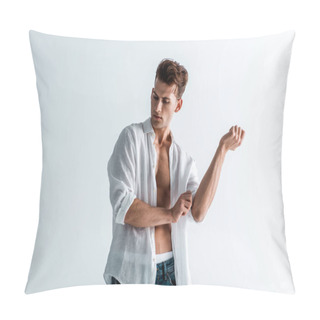 Personality  Handsome Young Man Touching Shirt While Standing On White  Pillow Covers