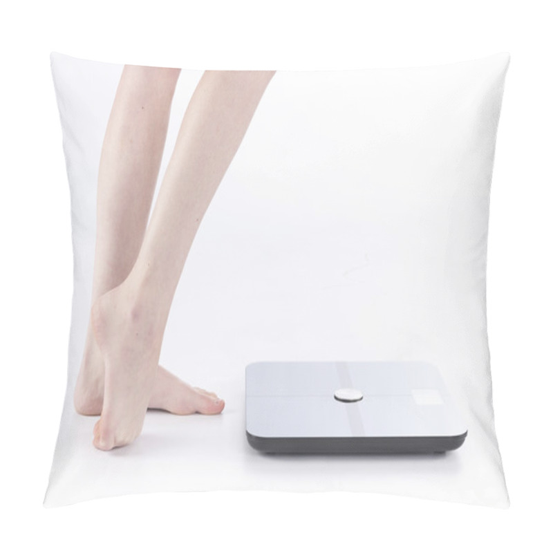 Personality  Female Feet And Legs Standing Near Weighing Scale Pillow Covers