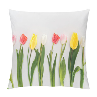 Personality  Top View Of Yellow, Red, Pink And White Tulip Flowers Isolated On Grey Pillow Covers