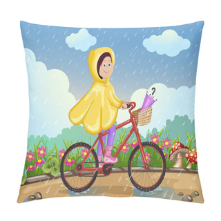 Personality  Girl In Raincoat Riding On A Bicycle Under The Rain.  Pillow Covers