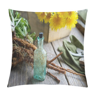 Personality  Dandelion Roots And Flowers. Infusion Or Tincture Bottle Of Taraxacum Officinale.  Pillow Covers