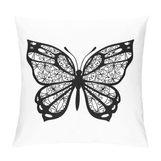 Personality  Butterfly With Patterned Wings. Vector Sign For Tatoo. Black On White Background Pillow Covers