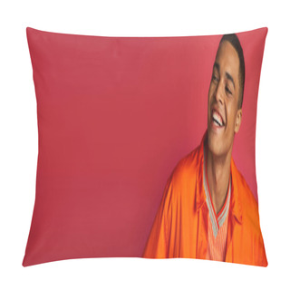 Personality  Excited African American Guy Laughing On Red Background, Orange Shirt, Portrait, Banner, Copy Space Pillow Covers