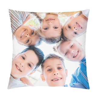 Personality  Bottom Biew Of Group Of Adorable Schoolchildren Standing In Circle And Looking At Camera Pillow Covers