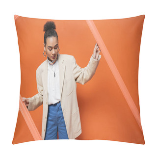 Personality  Stylish Fashionista In Beige Blazer With Hoop Earrings And Necklace Holding Orange Framework Pillow Covers