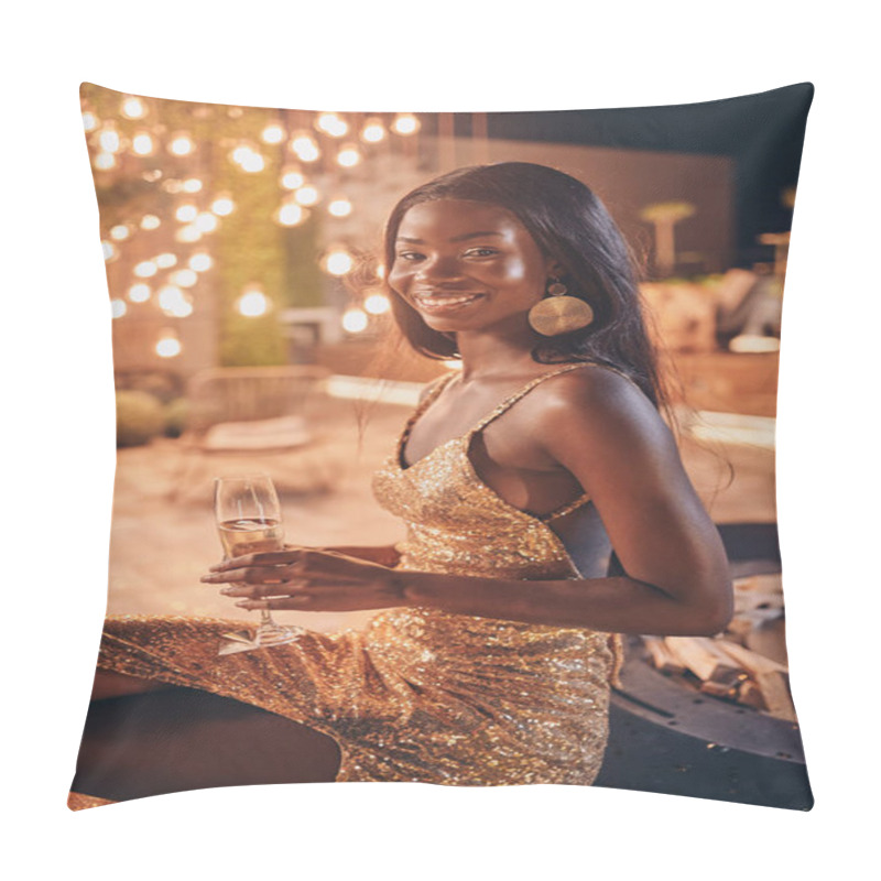 Personality  Beautiful young African woman in evening gown holding flute with champagne and smiling pillow covers