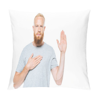 Personality  Portrait Of Serious Bearded Man Giving A Swear With Hand Up And Hand On Heart, Isolated On White Pillow Covers