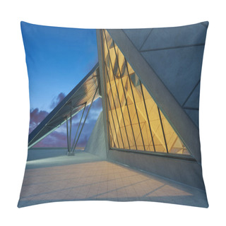 Personality  Contemporary Triangle Shape Design Modern Architecture Building Exterior With Glass, Concrete And Steel Element. Night Scene. Photorealistic 3D Rendering. Pillow Covers