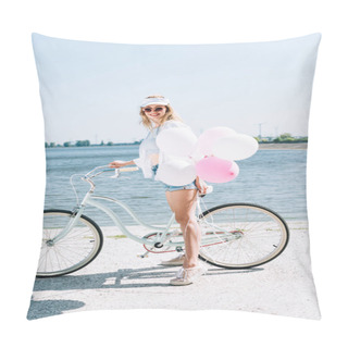 Personality  Side View Of Happy Blonde Girl Riding Bike With Balloons Near River In Summer Pillow Covers