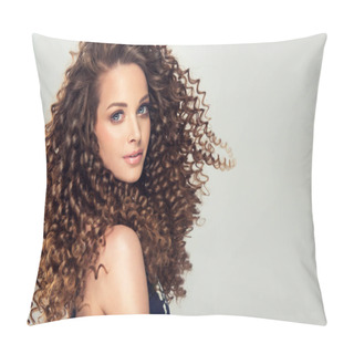 Personality  Beautiful Model Girl With Long  Curly Hair . Care Products ,hair Coloring  Pillow Covers