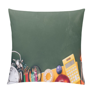 Personality  Top View Of Vintage Alarm Clock And Ripe Apple Near School Stationery On Green Chalkboard With Copy Space Pillow Covers