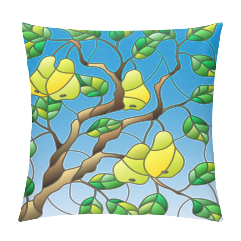 Personality  Illustration in the style of a stained glass window with the branches of pear  tree , the fruit branches and leaves against the sky pillow covers