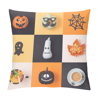 Personality  Halloween Holiday Concept With Jack O Lanterns Pumpkins And Decorations. View From Above. Flat Lay Pillow Covers