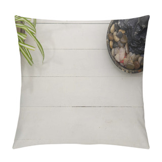 Personality  Flat Lay View Of A White Wooden Table With A Zen Water Fountain And A Green Plant On The Corner Pillow Covers