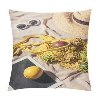 Personality  High Angle View Of Digital Tablet, Sunglasses, Straw Hat And String Bag With Ripe Fruits Pillow Covers