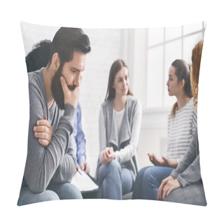 Personality  Depressed Man Sitting At Rehab Group Therapy Pillow Covers