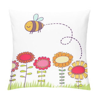 Personality  Cartoon Bee Flying Over Flowers Pillow Covers