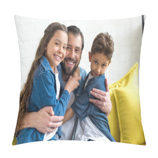 Personality  Happy Father Hugging Adorable Little Children And Smiling At Camera Together At Home Pillow Covers