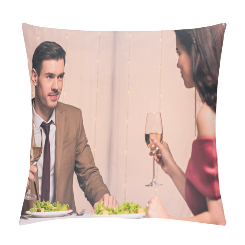 Personality  Happy, Elegant Man And Woman Sitting At Served Table And Holding Glassed Of White Wine Pillow Covers