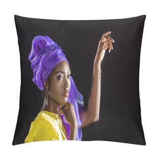 Personality  Side View Of Young African American Woman In Stylish Vintage Clothing Isolated On Black Pillow Covers