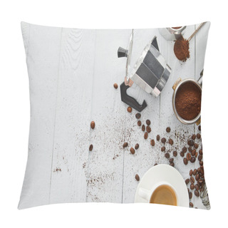 Personality  Top View Of Geyser Coffee Maker Near Portafilter, Spoon And Cup Of Coffee On White Wooden Surface With Coffee Beans Pillow Covers