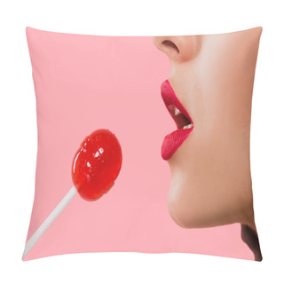 Personality  Cropped View Of Girl Holding Sweet Lollipop Isolated On Pink  Pillow Covers
