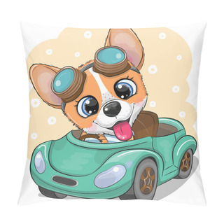 Personality  Cute Cartoon Corgi In Glasses Goes On A Green Car Pillow Covers