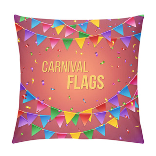 Personality  Full Frame Carnival Flags Card Stationery Template In Red With Blue, Purple, Yellow And Green Triangular Flags Hanging Across Red Gradient Background Pillow Covers