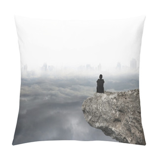Personality  Man Sitting On Cliff With Gray Cloudy Sky Cityscape Background Pillow Covers