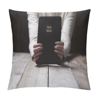 Personality  Woman Hands Praying With A Bible In A Dark Over Wooden Table Pillow Covers