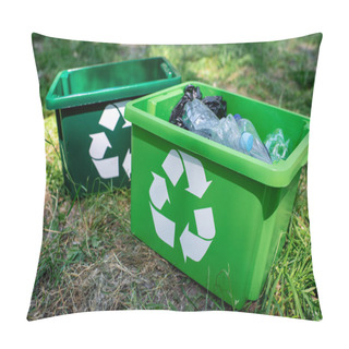 Personality  Green Recycling Boxes With Plastic Trash Standing On Lawn Pillow Covers