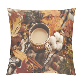 Personality  Delicious Coffee With Fall Leaves, Berries, Nuts, Acorns, Cotton, Cinnamon On  Soft Blanket Background. Seasons Greetings. Cozy Autumn Image. Happy Thanksgiving Concept. Pillow Covers