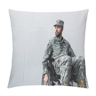 Personality  Pensive Disabled Military Man In Uniform Sitting In Wheelchair And Looking Away Pillow Covers