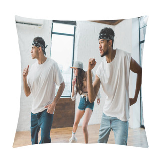 Personality  Multicultural Men In Headbands And Attractive Woman In Cap Dancing Hip-hop  Pillow Covers