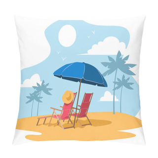 Personality  Sunny Beach With Sun Loungers. Vector Flat Illustration Pillow Covers