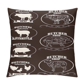 Personality  Butchers Shop. Creative Conceptual Vector. Sketch Hand Drawn Set Meat At Butchers Shop Recipe Illustration, Chalk, Ink, Line Art, Vector. Pillow Covers