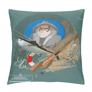 Personality  Old Fisherman With Fishing Equipment Isolated On Blue. Vector Illustration Pillow Covers