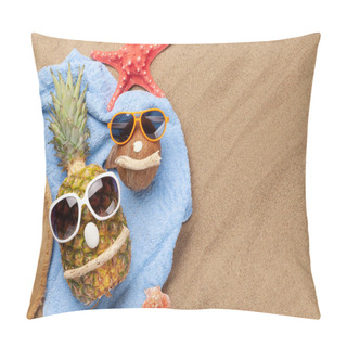 Personality  Ripe Pineapple And Coconut With Sunglasses Over Sand Background With Copy Space. Travel And Vacation Concept. Top View Flat Lay Pillow Covers