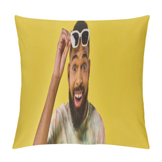 Personality  A Man In Silhouette Is Seen Making A Funny Face With Sunglasses Resting On His Head, Creating A Comical And Lighthearted Moment. Pillow Covers