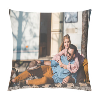 Personality  Hippie Couple Lying On Blanket Near Camper Van Pillow Covers