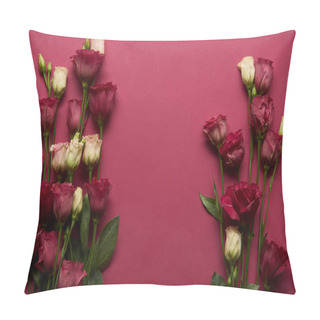 Personality  Blooming Eustoma Flowers With Green Leaves On Ruby Background  Pillow Covers