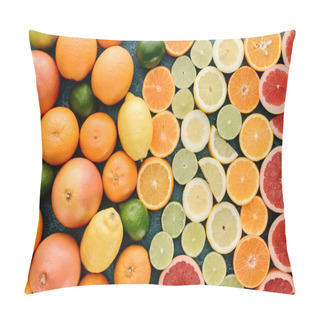Personality  Top View Of Various Whole And Sliced Citrus Fruits On Blue Concrete Surface Pillow Covers