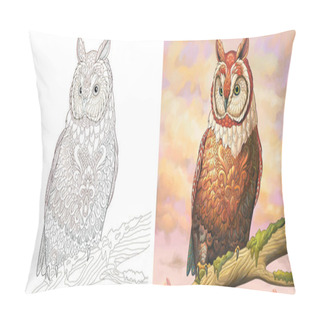Personality  Adult Coloring Book. Owl Bird. Colorless And Color Sample Painted In Watercolor Imitating Style. Coloring Design With Doodle And Zentangle Elements. Vector Illustration.  Pillow Covers