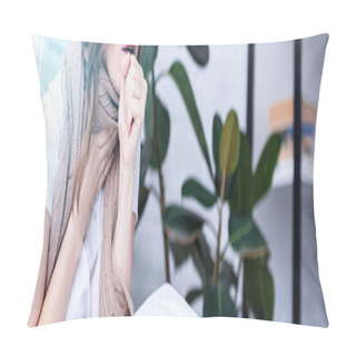 Personality  Panoramic View Of Sick Woman Coughing At Home Pillow Covers